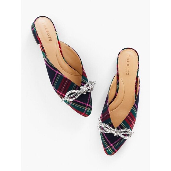 Talbots NWOT Edison Rhinestone Bow Mules in Dashing Plaid Size 7 - Picture 1 of 14